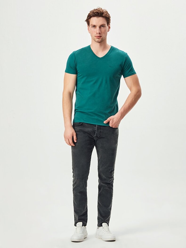 V-neck Basic Slim Fit Green T-shirt