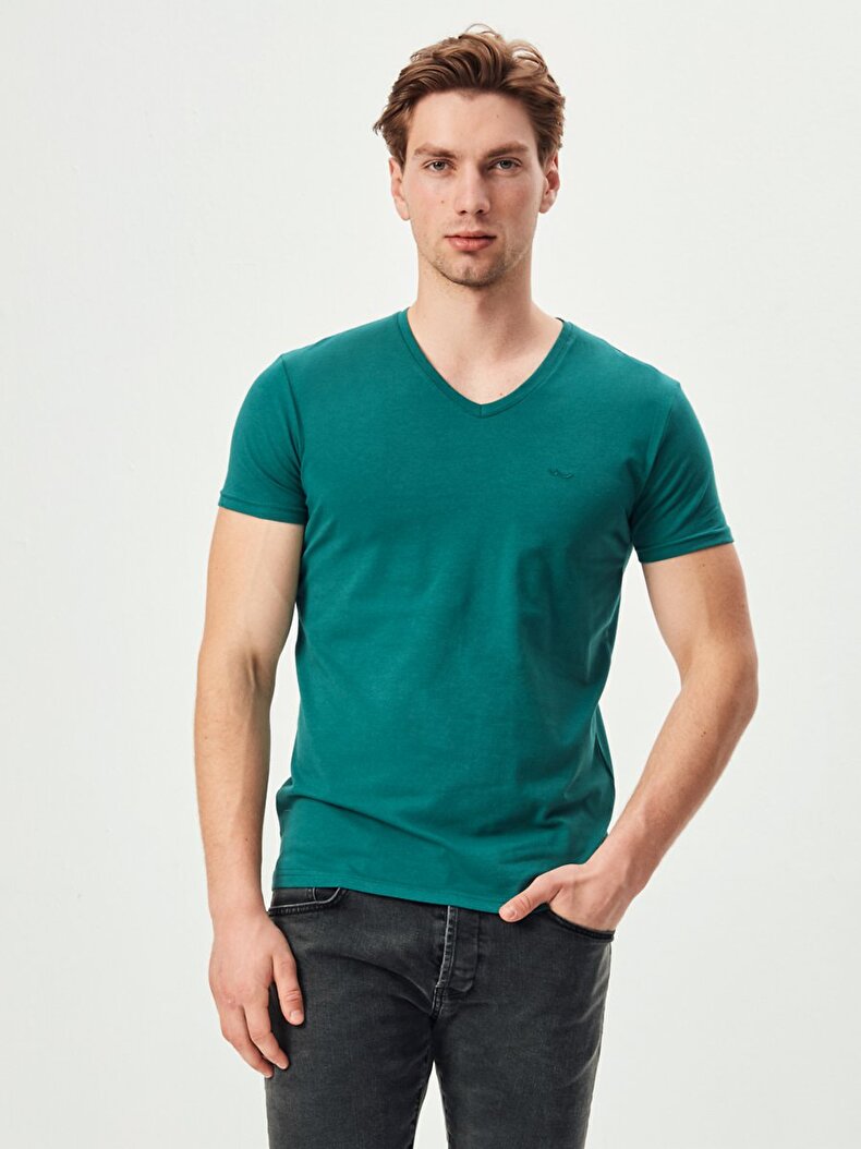 V-neck Basic Slim Fit Green T-shirt