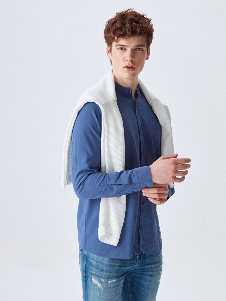 Mao Collar Long Sleeve Blue Hemd