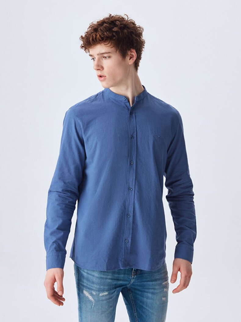 Mao Collar Long Sleeve Blue Hemd