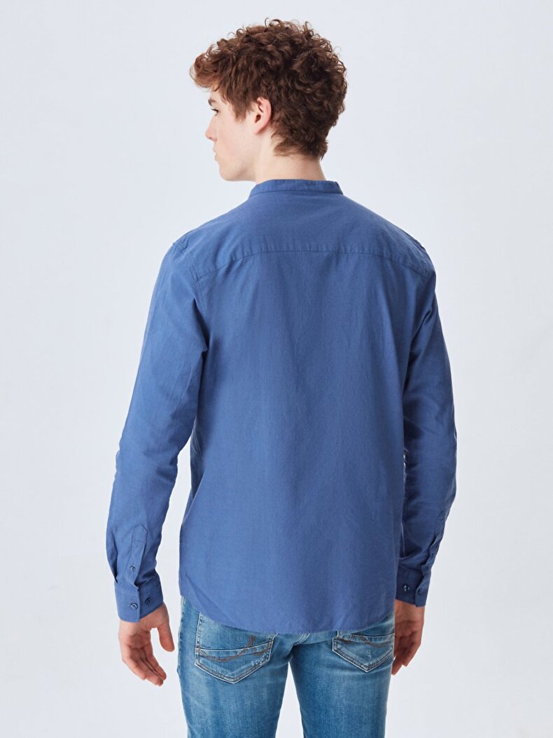 Mao Collar Long Sleeve Blue Hemd
