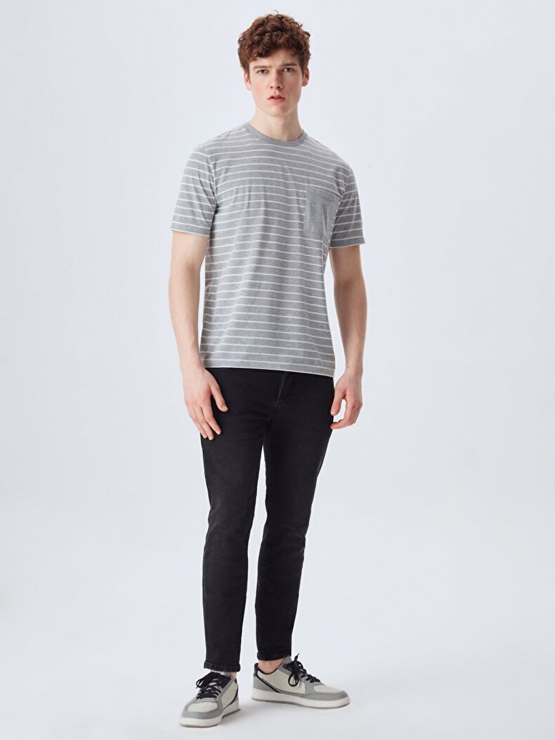 Striped Print With Pockets T-shi̇rt