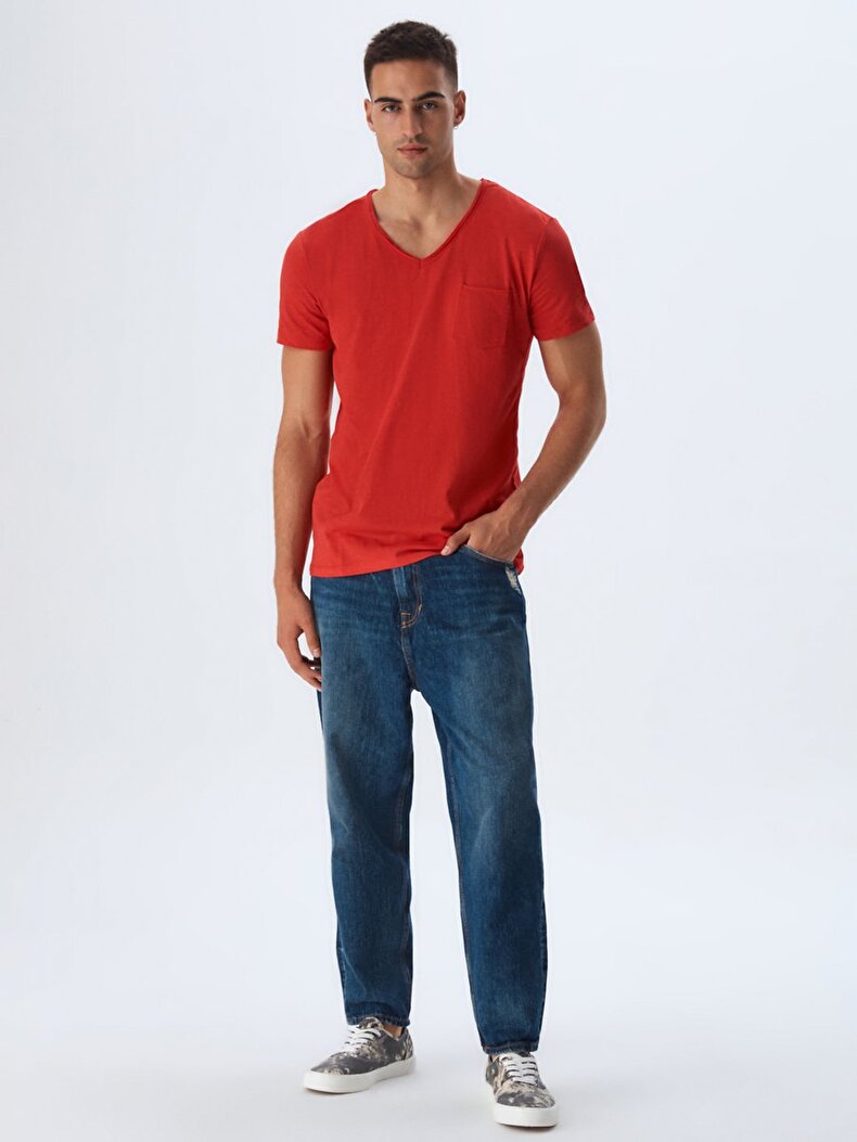 V-neck With Pockets Red T-shirt