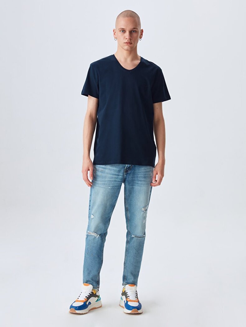 V-neck Basic Short Arm Slim Navy T-shirt