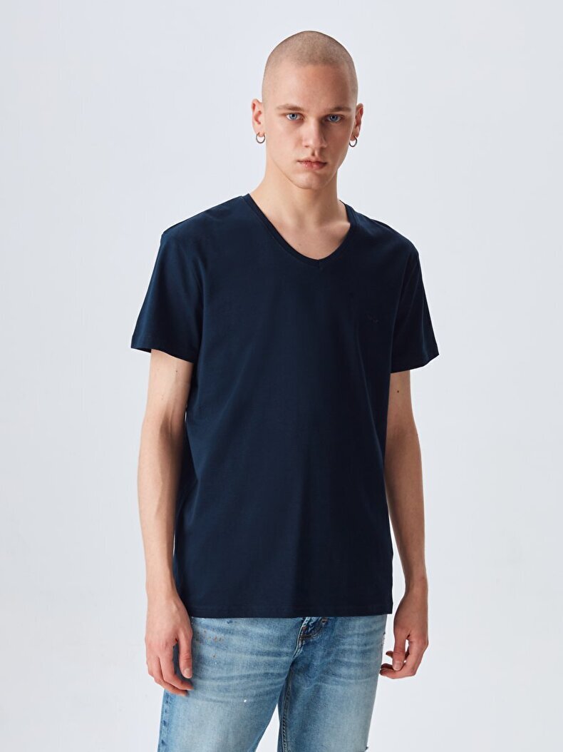 V-neck Basic Short Arm Slim Navy T-shirt