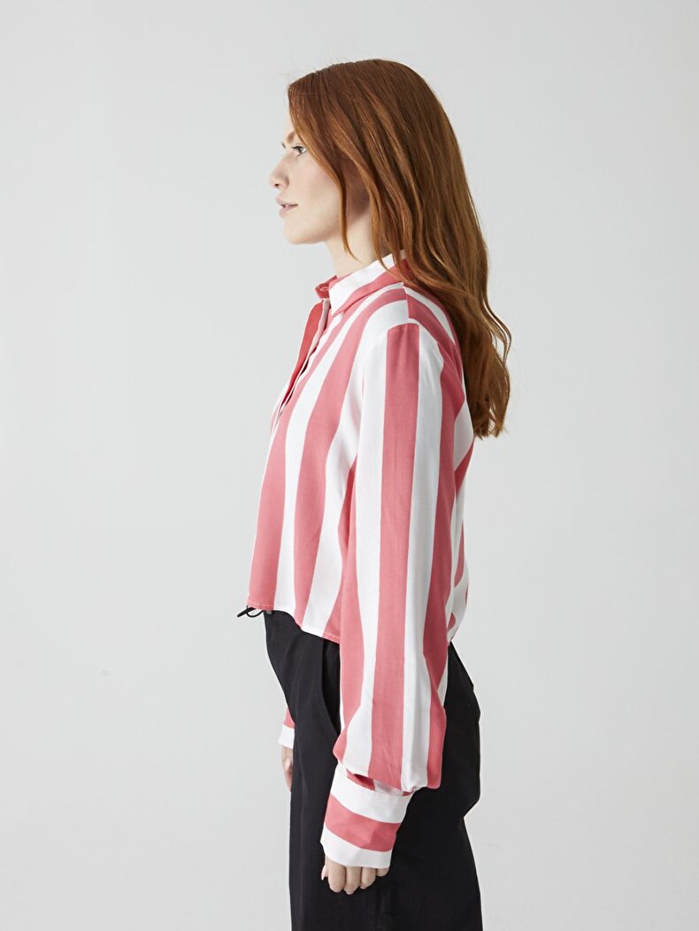 Thick Striped Print Long Sleeve Short Shirt