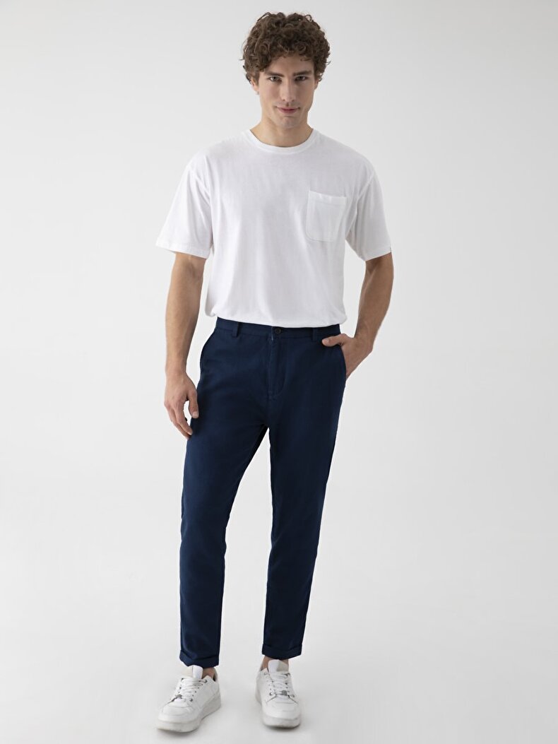 Linen Look With Pockets Navy Trousers
