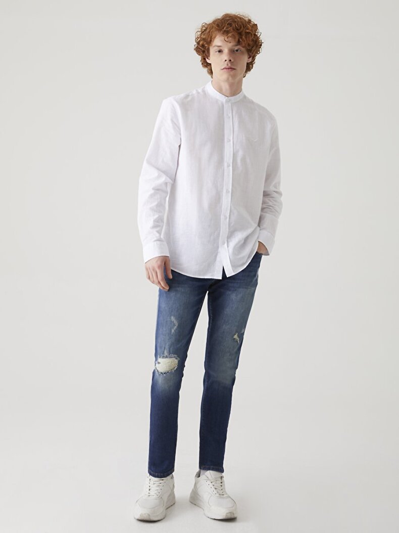 Linen Look Mao Collar White Shirt