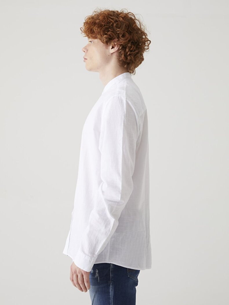 Linen Look Mao Collar White Shirt