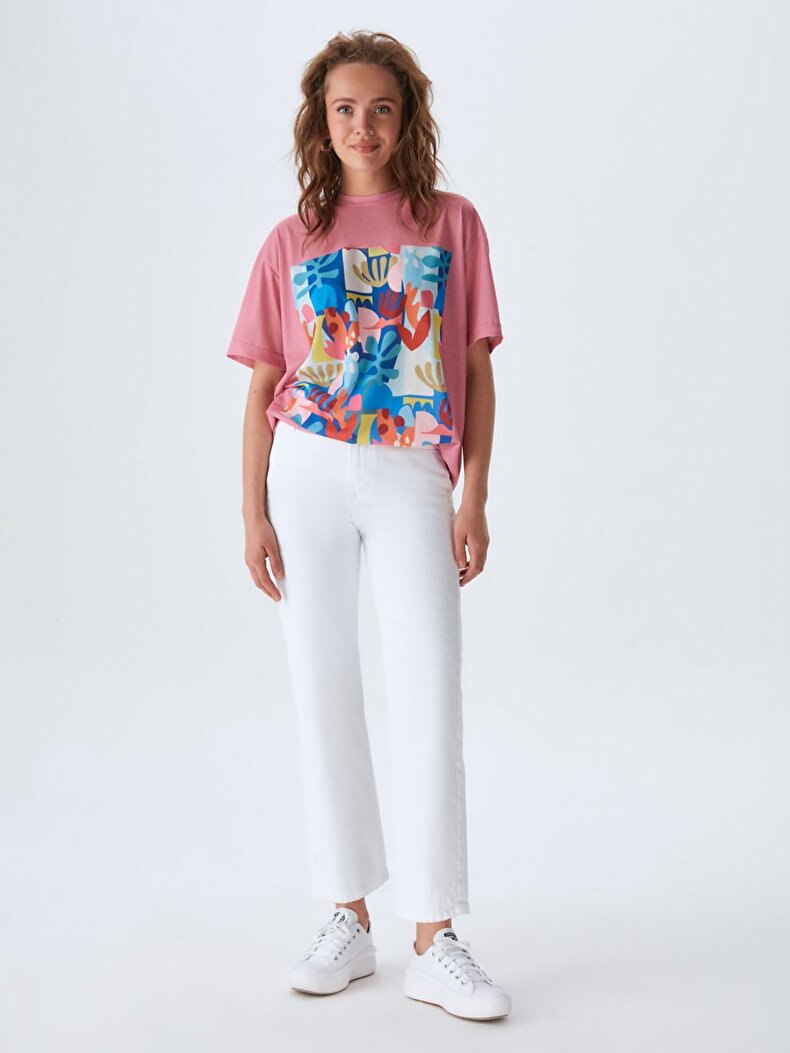 Oversized With Print Roze T-shi̇rt