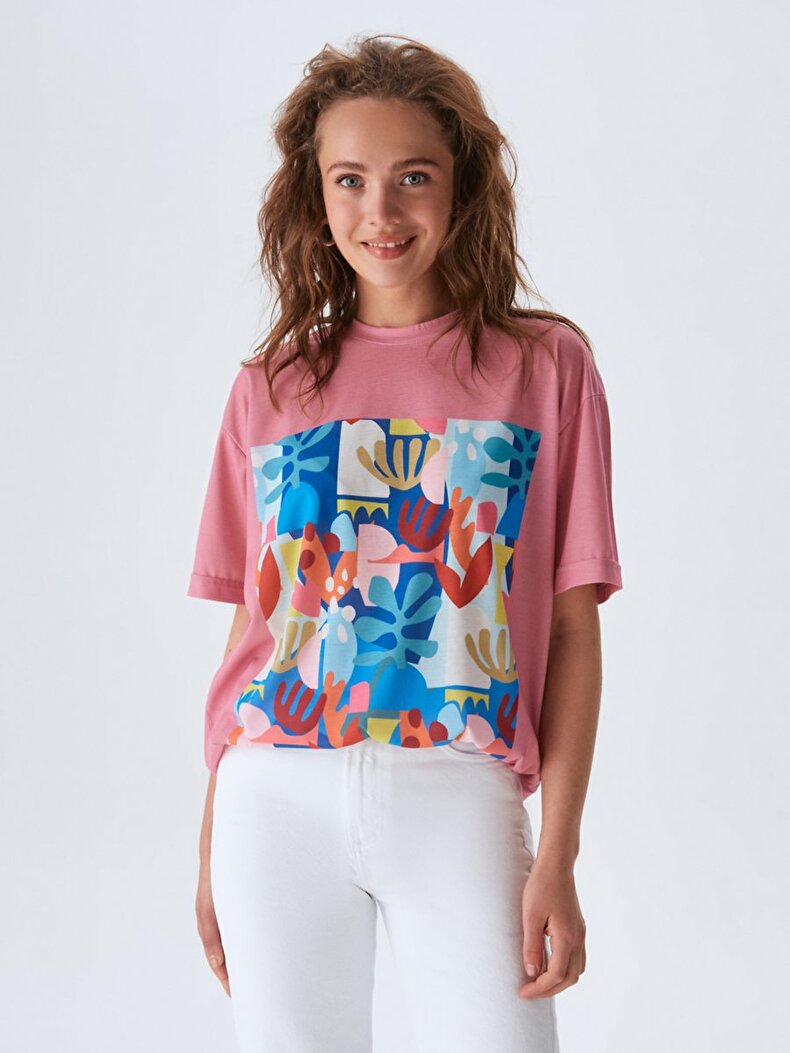 Oversized With Print Roze T-shi̇rt