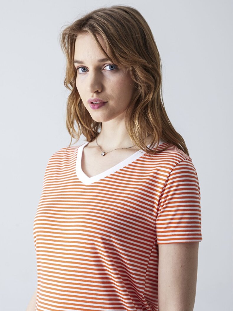 V-neck Striped Print T-shirt