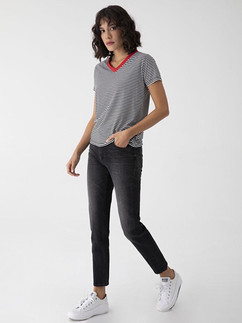 V-neck Striped Print Multicolor T-shirt