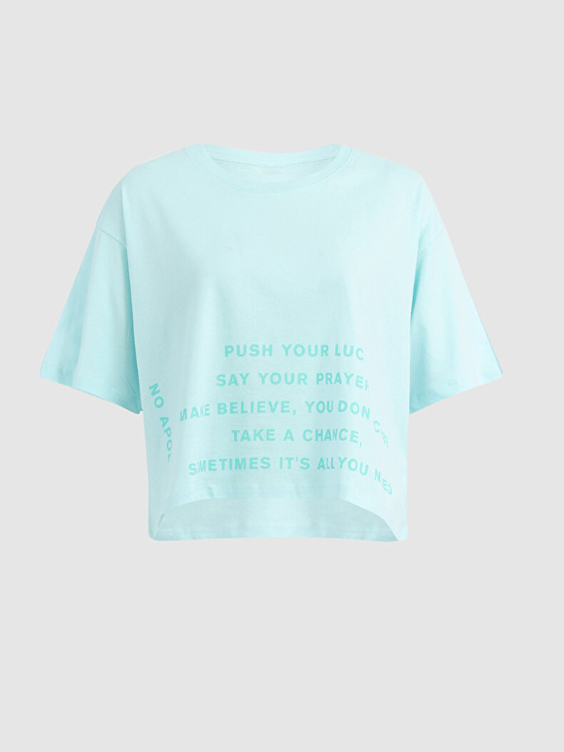 Slogan Baskılı Mavi T-shırt