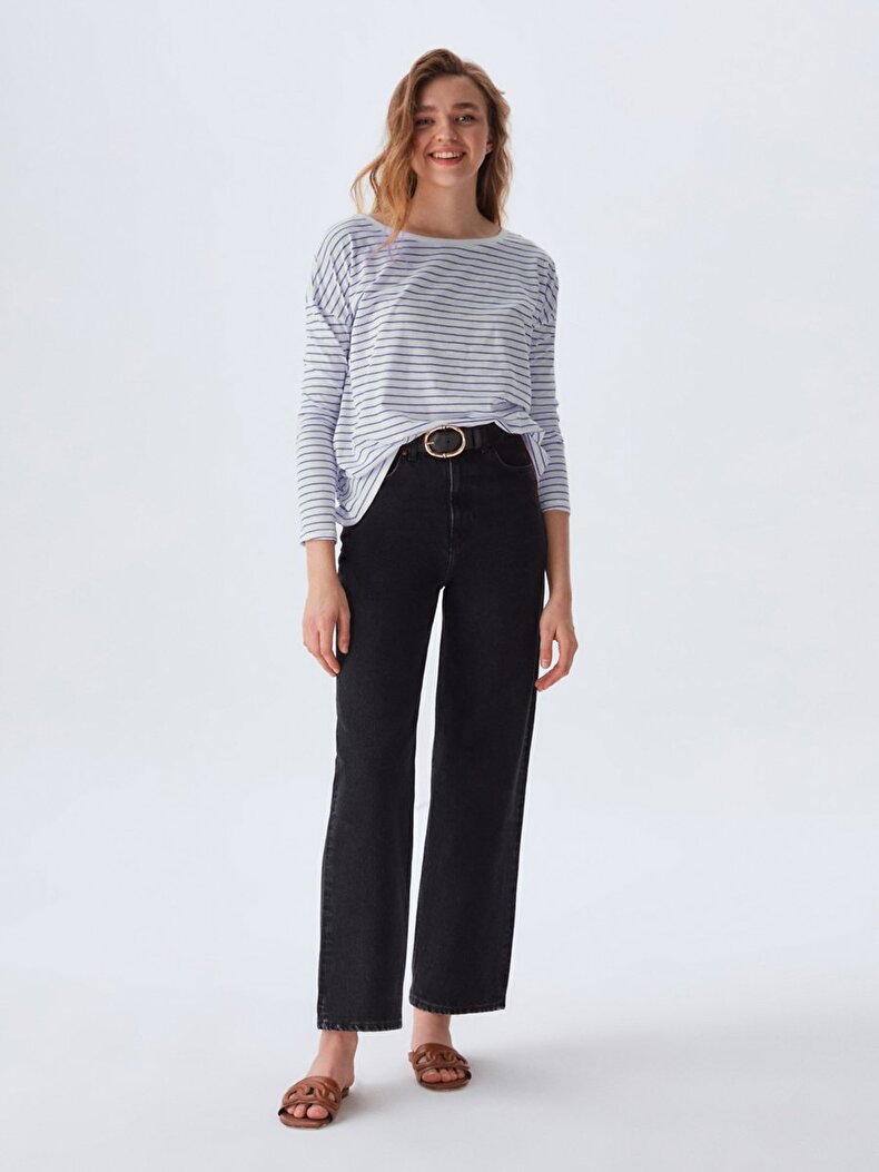 Striped Print Long Sleeve Dunkelblau Sweatshirt