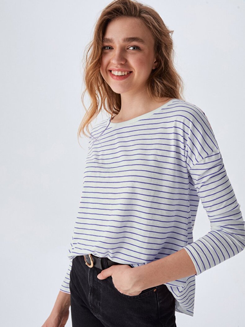 Striped Print Long Sleeve Dunkelblau Sweatshirt