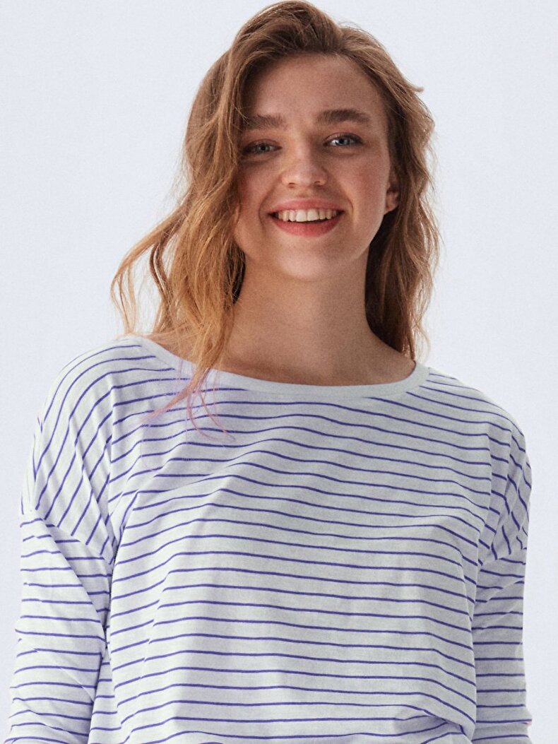 Striped Print Long Sleeve Dunkelblau Sweatshirt