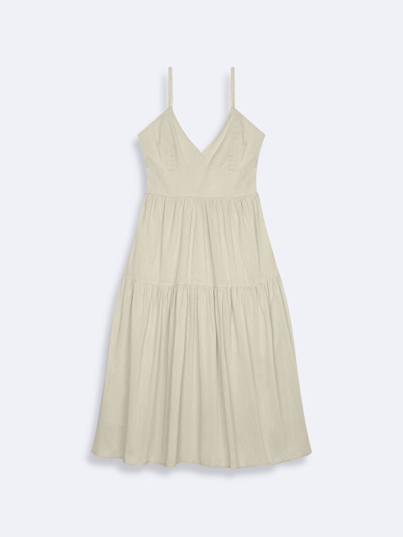 Poplin Midi Krem Elbise