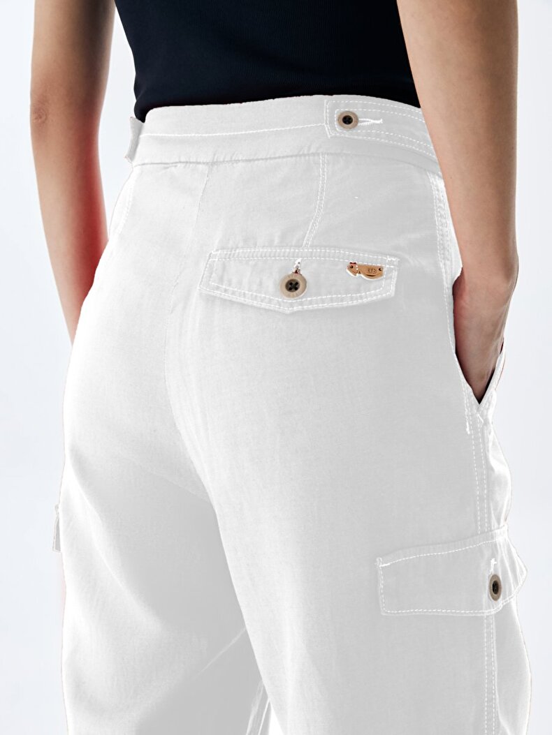 Linen Look Cargo White Trousers