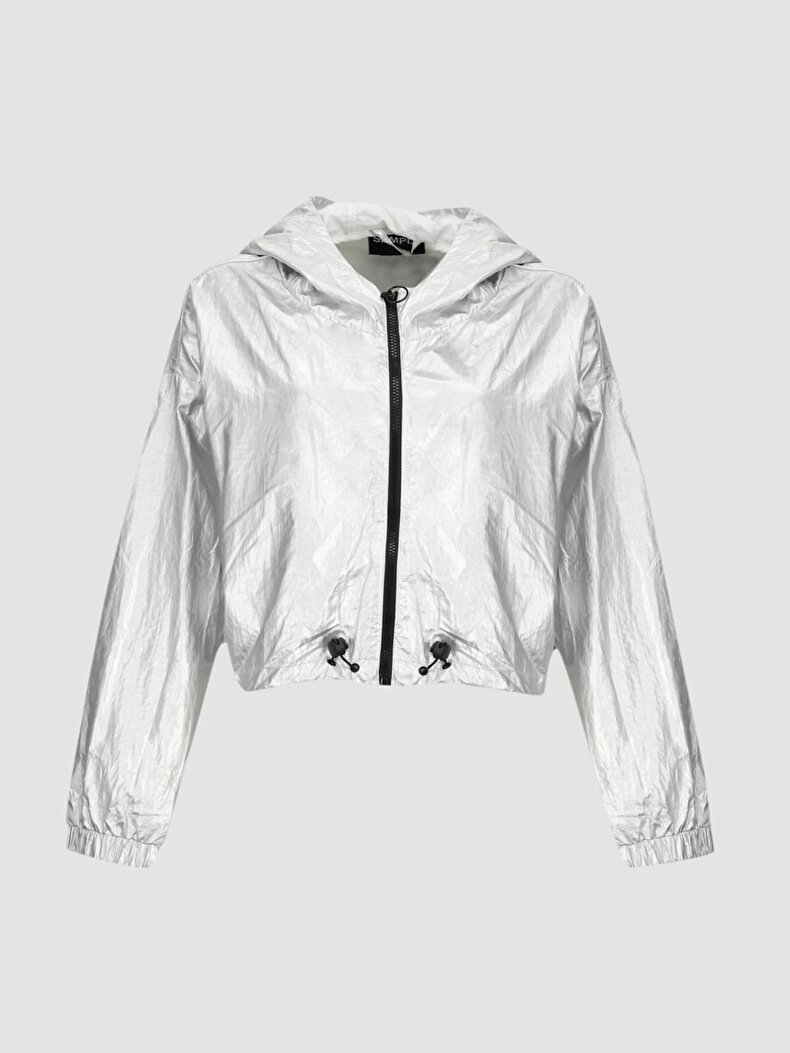 Metalık Kapüşonlu Beyaz Ceket