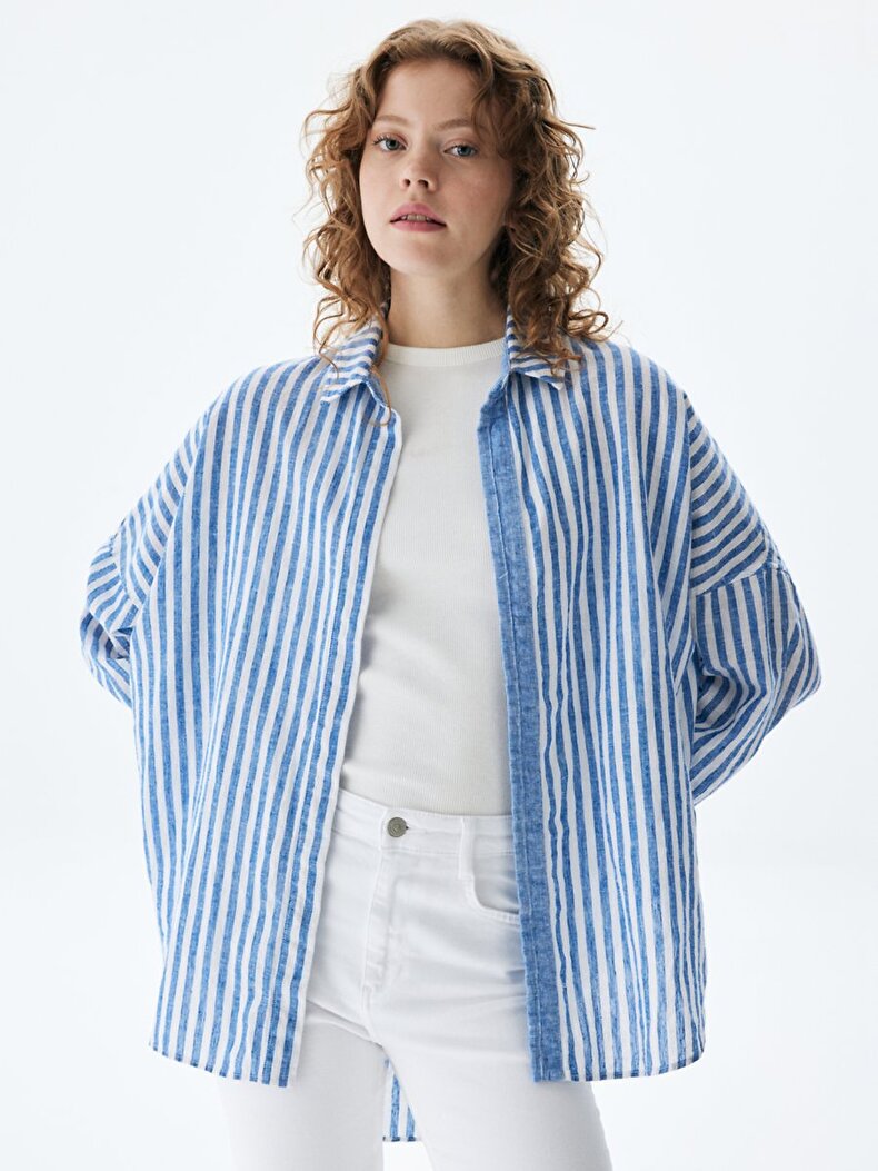 Striped Print Oversized Creme Hemd