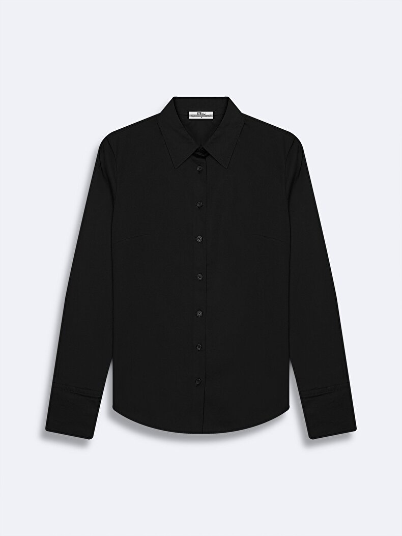 Fit Yakası Düğmeli Oxford Siyah Gömlek