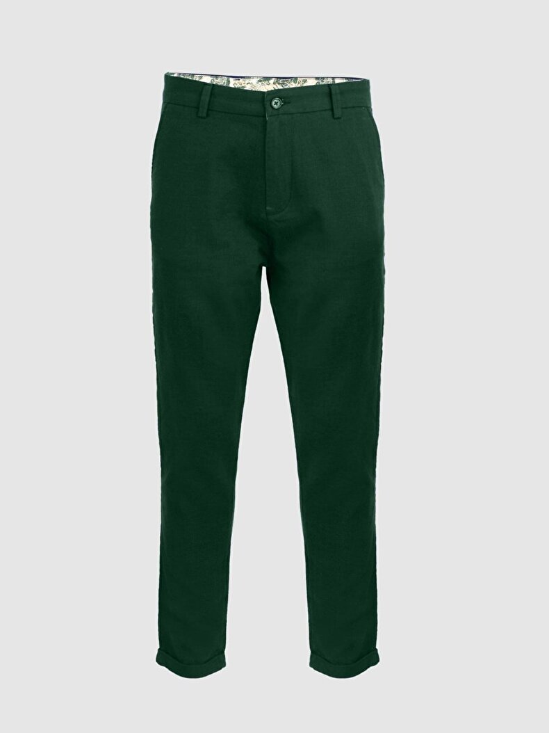 Keten Görünümlü Cepli Yeşil Pantolon