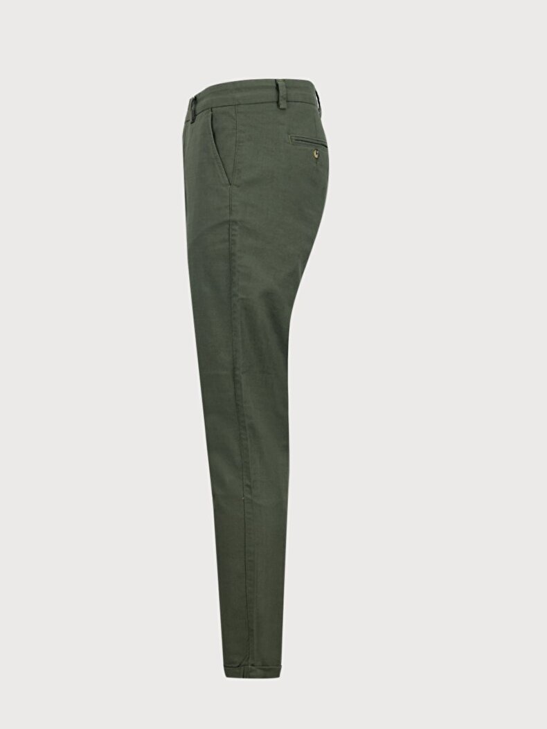 Keten Görünümlü Cepli Yeşil Pantolon