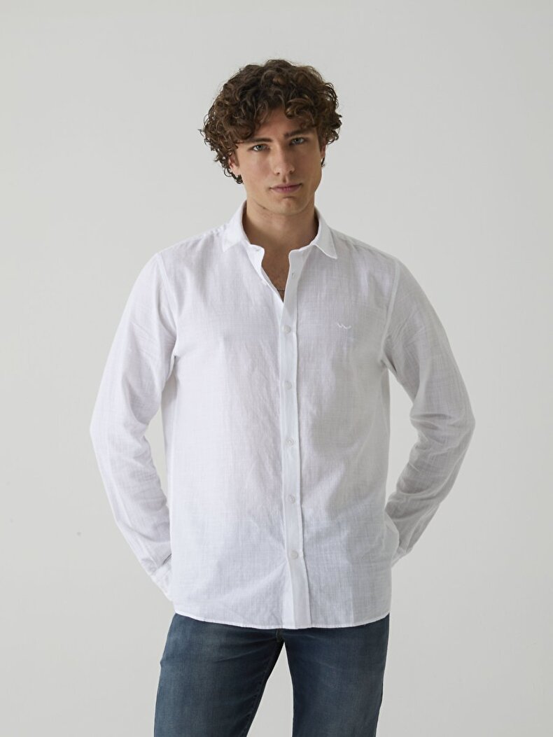 Linen Look Classic Collar White Shirt