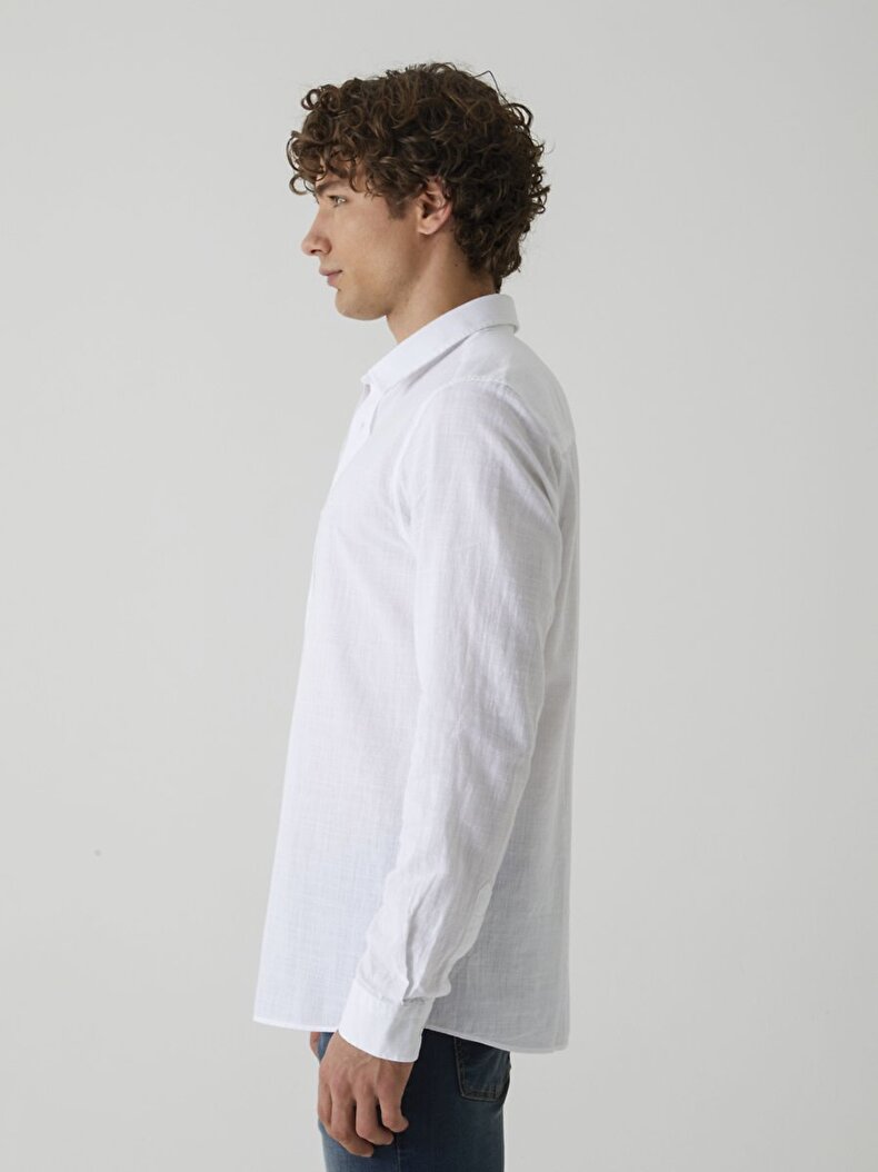 Linen Look Classic Collar White Shirt
