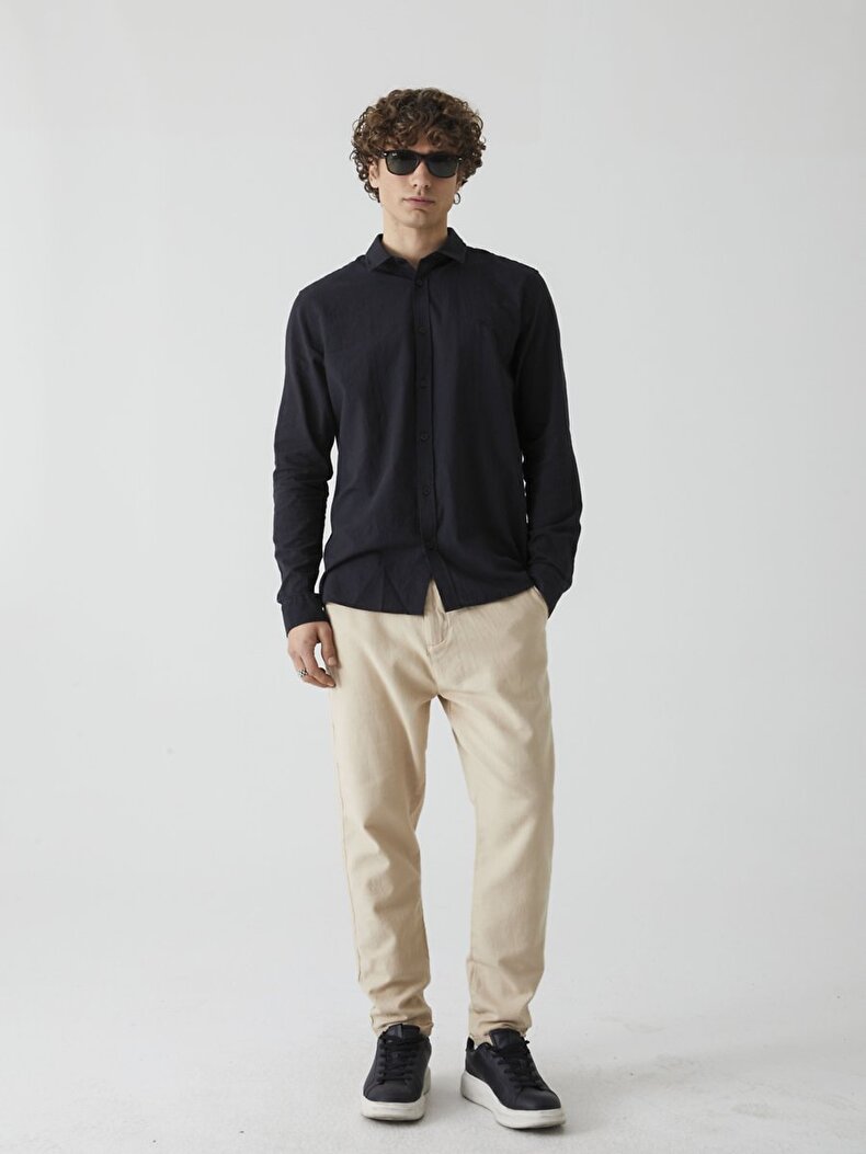 Linen Look Classic Collar Black Shirt