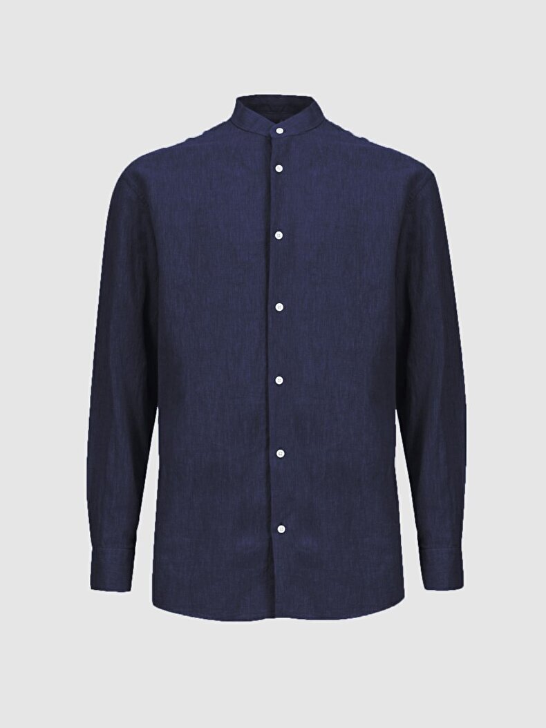 Mao Collar Linen Look Navy Shirt