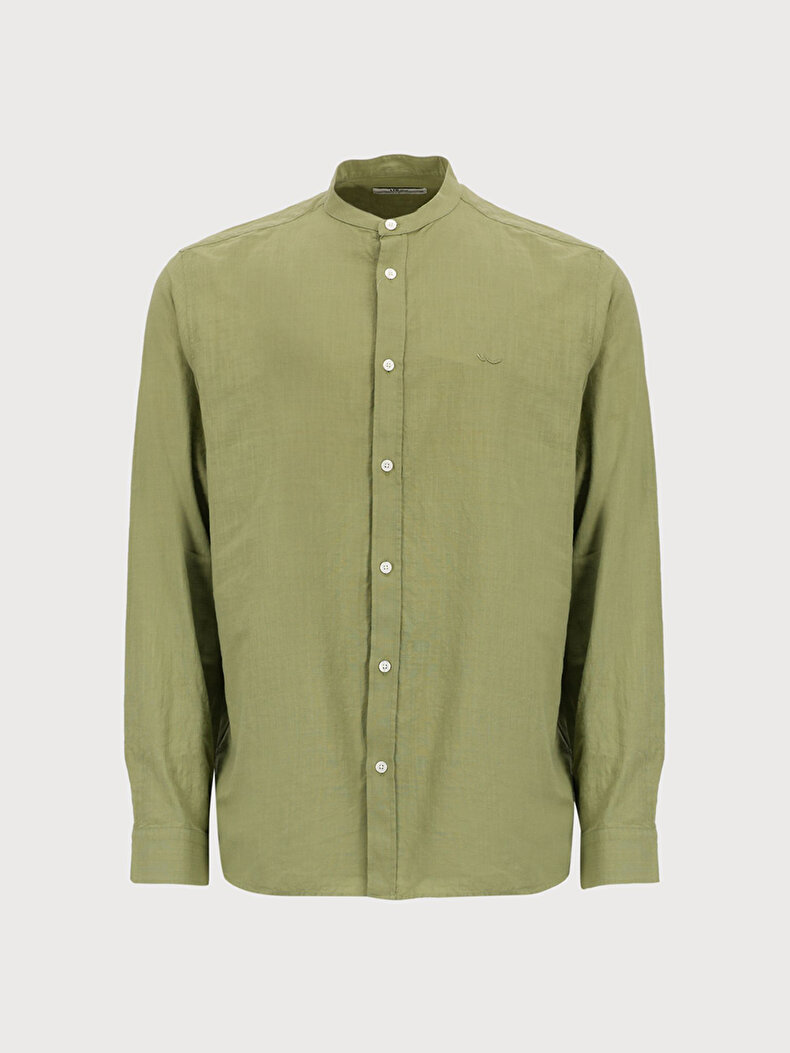 Linen Look Mao Collar Green Shirt