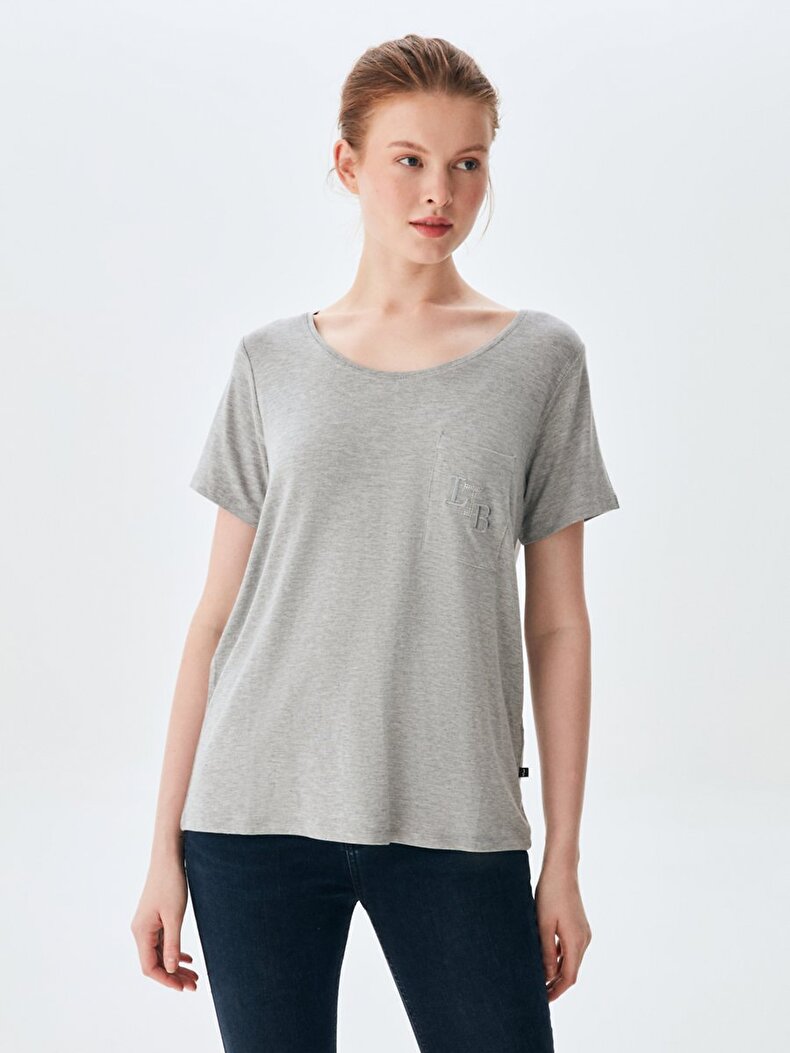 With Pockets Ltb Logo Embroidered Grey T-shirt