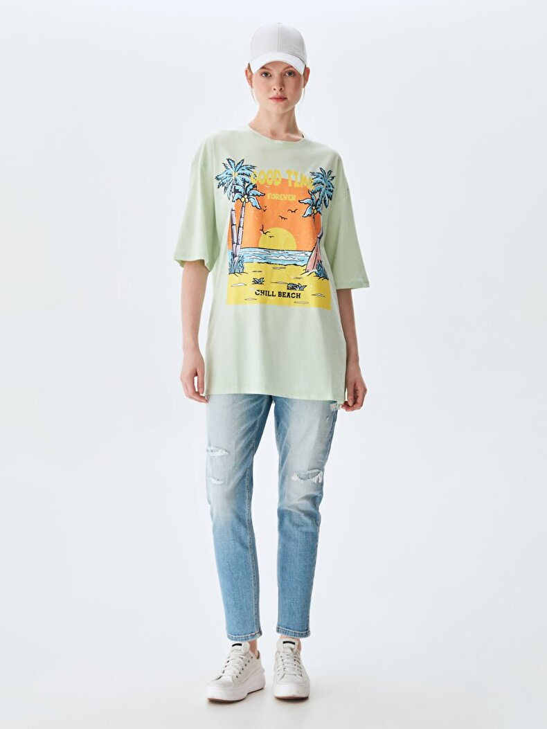 Oversized Palmtree Beach With Print Green T-shirt