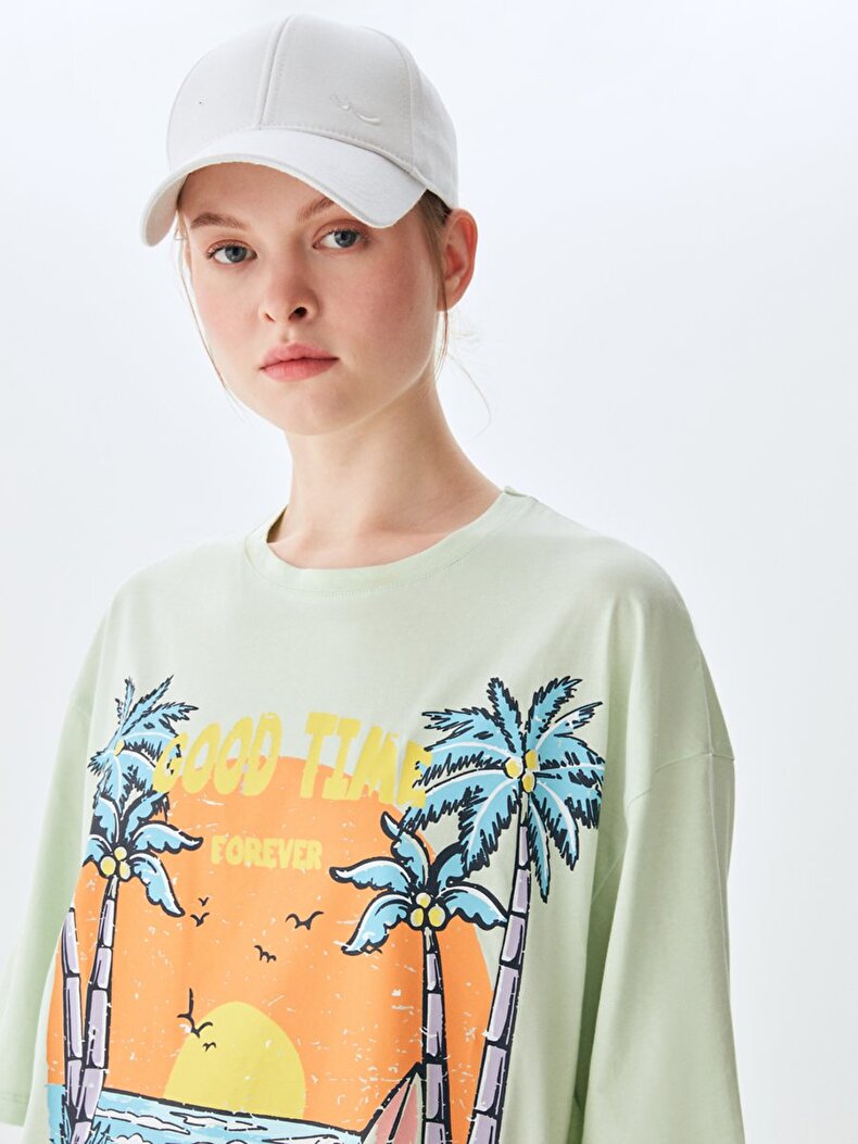 Oversized Palmtree Beach With Print Green T-shirt
