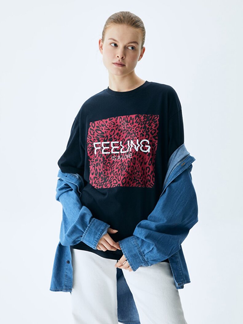 Oversized Leopard Pattern With Print Navy T-shirt