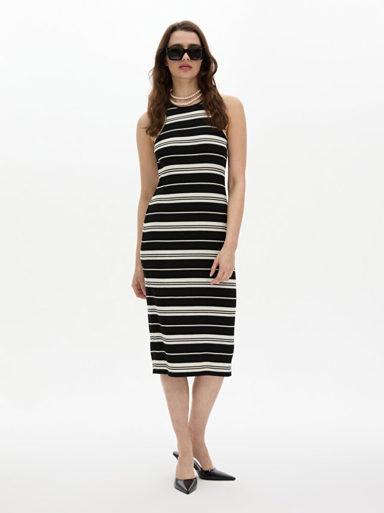 Striped Print Surface Open Front Detailed Multicolor Dress
