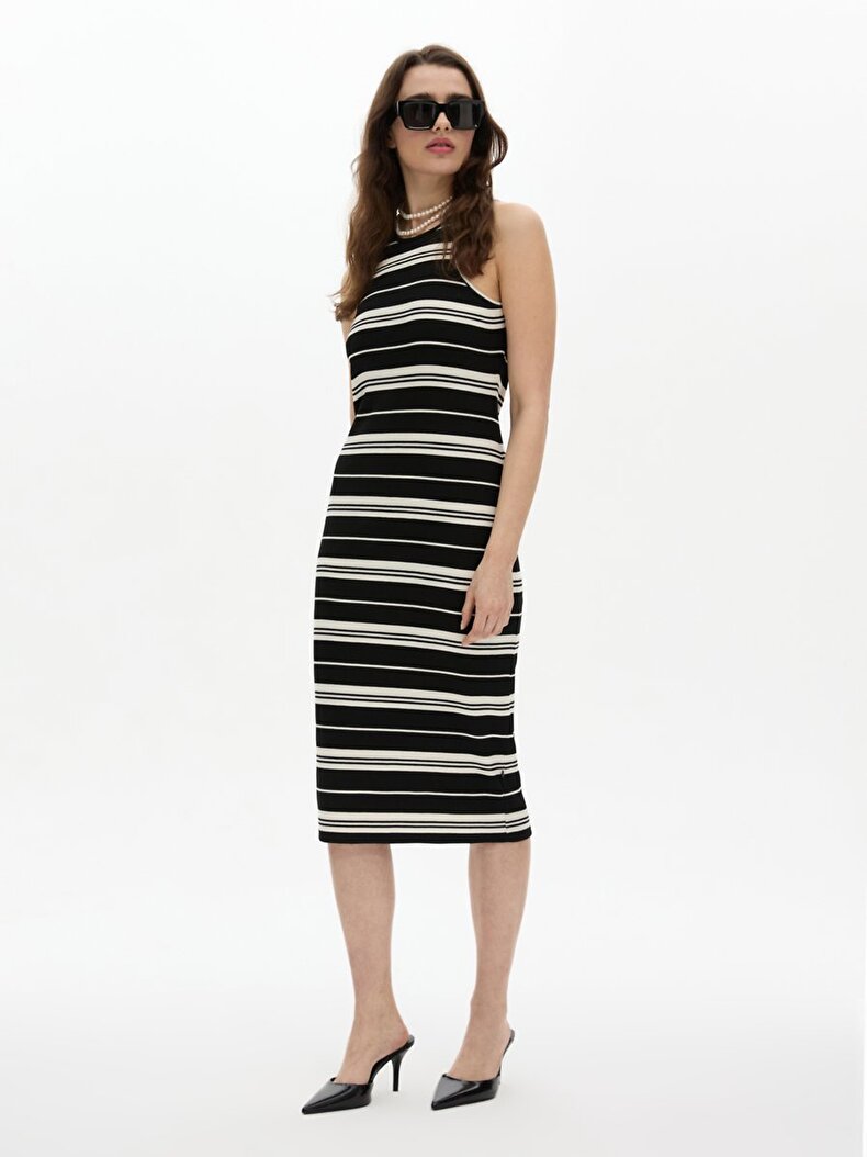 Striped Print Surface Open Front Detailed Multicolor Dress