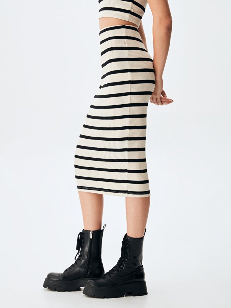 Striped Print Ribbed Midi Multicolor Skirt