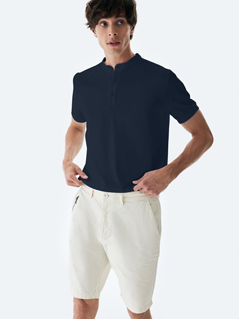Mao Collar Dunkelblau T-shirt