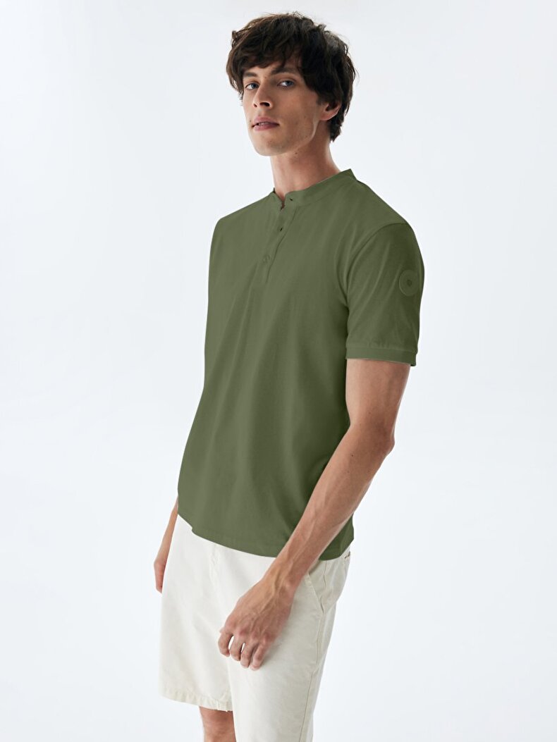 Mao Collar Groen T-shi̇rt