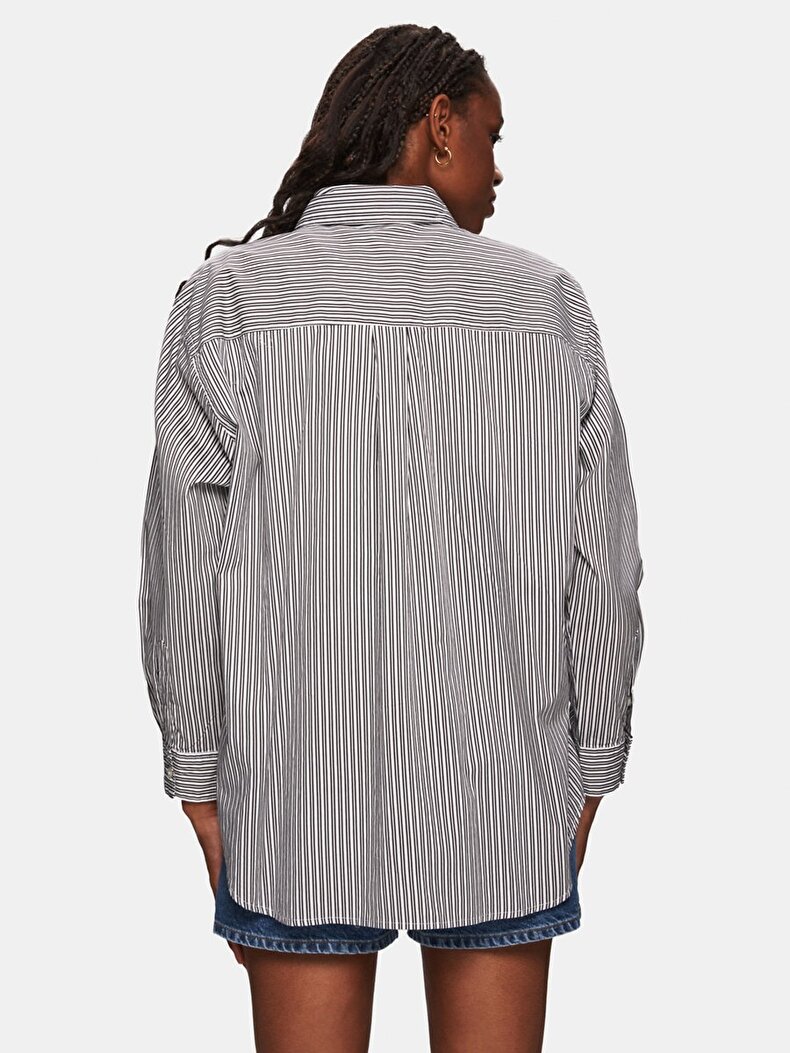 Poplin Çizgili Relaxed Uzun Kollu Koyu Grı Gömlek