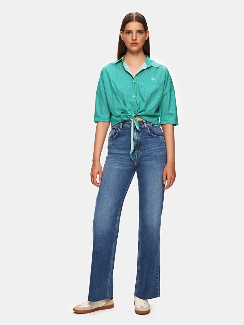 Poplin Çizgili Crop Kısa Kollu Yeşil Gömlek