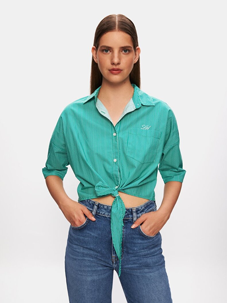 Poplin Çizgili Crop Kısa Kollu Yeşil Gömlek
