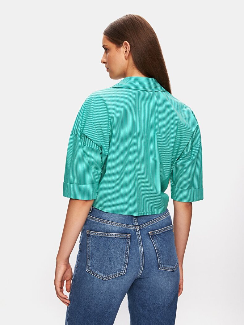 Poplin Çizgili Crop Kısa Kollu Yeşil Gömlek