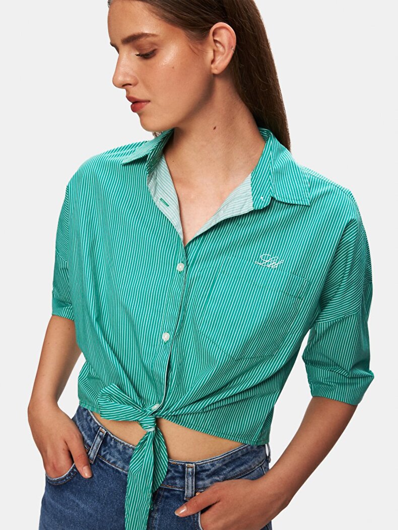 Poplin Çizgili Crop Kısa Kollu Yeşil Gömlek