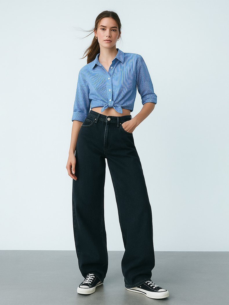 Poplin Çizgili Crop Kısa Kollu Mavi Gömlek
