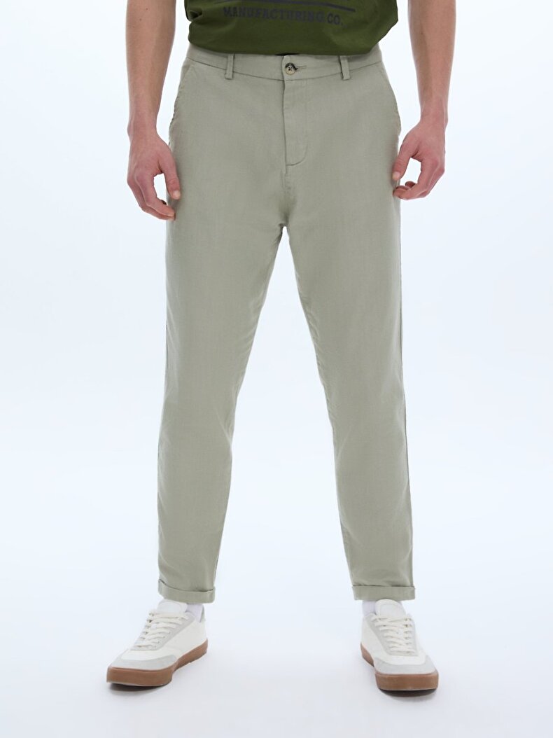 Düz Paça Keten Görünümlü Yeşil Pantolon