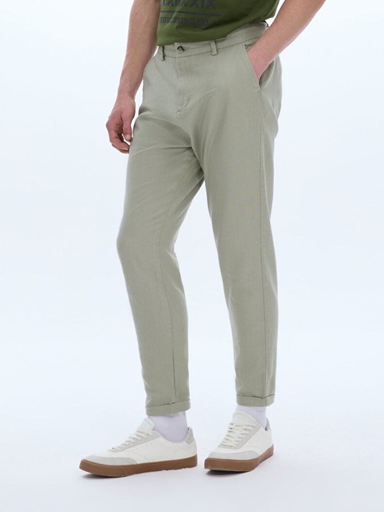 Düz Paça Keten Görünümlü Yeşil Pantolon